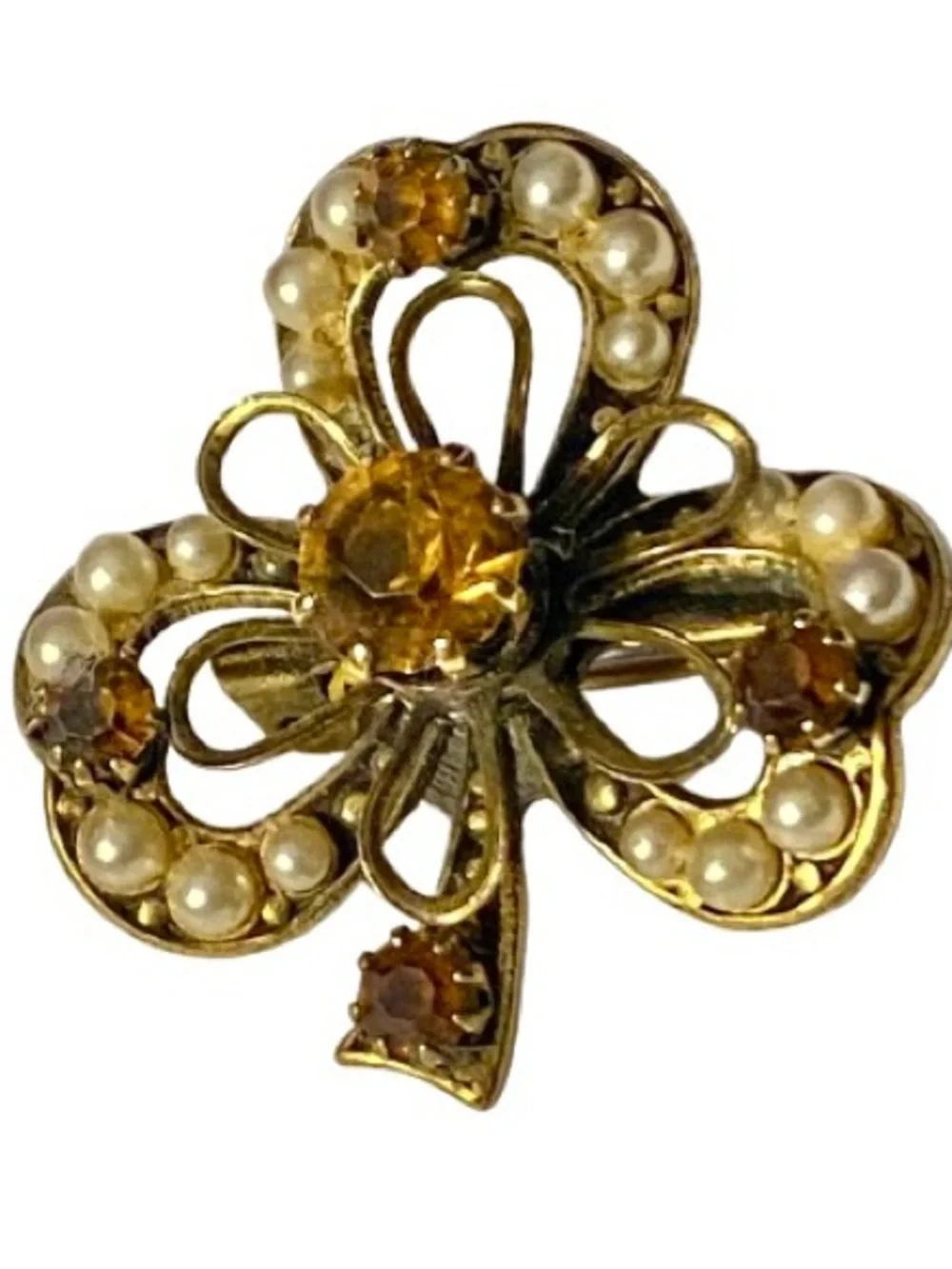 Vintage Gold Tone Coro Brooch 3-Leaf Clover Amber/ Topas Rhinestones Faux Pearls